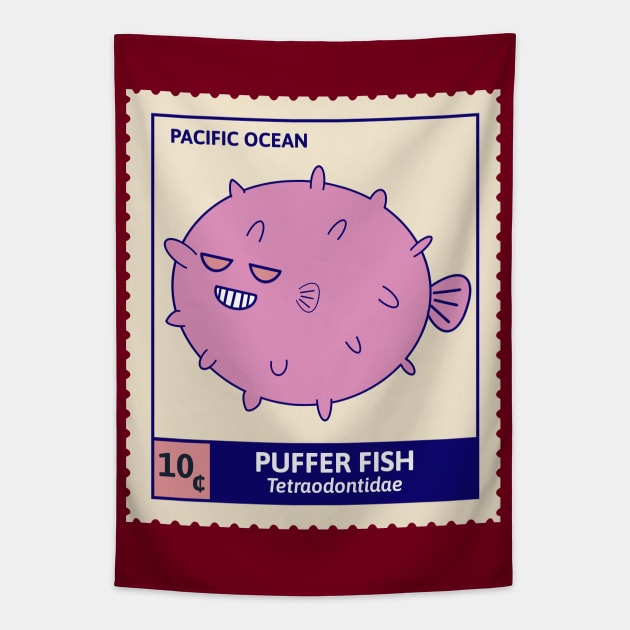 Kawaii Cute Grinning Pufferfish, Ocean Stamp Collection, Pufferfish Lover Tapestry by vystudio