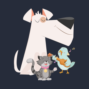 Cute Animal Band with Terrier, Cat and Bird T-Shirt