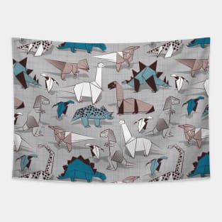 Origami dino friends // pattern // grey linen texture background blue white and beige dinosaurs Tapestry