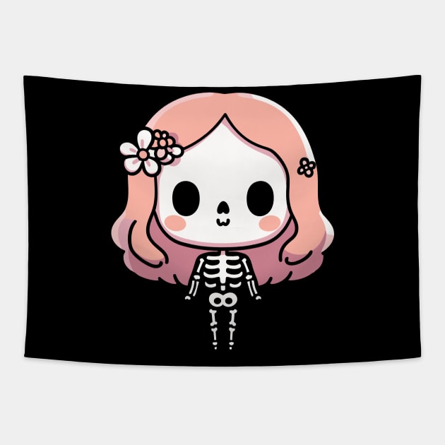 Cute Kawaii Skeleton Girl with a Flower Band | Cute Halloween Design for Girls Tapestry by Nora Liak