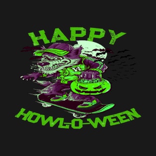 Happy Howl-o-ween Wolf Riding on Skateboard T-Shirt