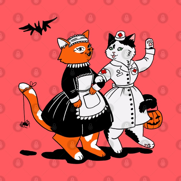 two cats in costumes nurse and maid trick and threats by Vikki.Look