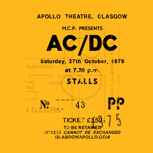 AC-DC Saturday 27th October 1979 Glasgow Apollo UK Tour Ticket Repro Black Text on Yellow or Orange T-Shirt