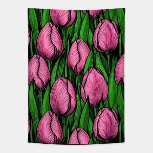 Pink tulips with green leaves Tapestry
