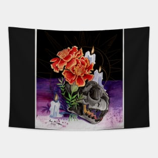 'Memory Maps' Kitty Skull and Marigolds Tapestry