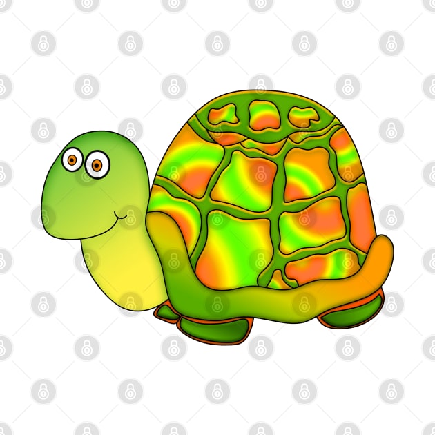 Cartoon Turtle In Greens, Oranges and Yellows by Roly Poly Roundabout