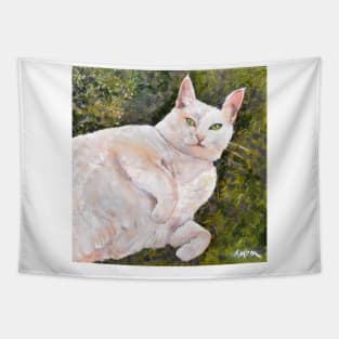 White Cat on Grass Tapestry