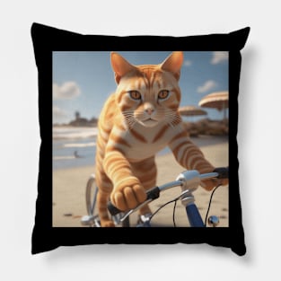 Ginger Cat Riding A Bicycle Along The Beach Pillow