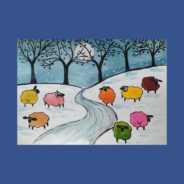Quirky Colourful Sheep in the Snow by Casimirasquirkyart