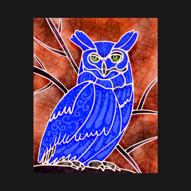 Boho Owl Blue on orange by MarcyBrennanArt