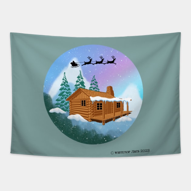 Santa and Reindeer Flying Over A Cabin in the Woods Tapestry by Whitetop Arts