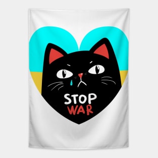 Stop war banner, poster, flyer, card, badge or sticker print design with grumpy black cat Tapestry