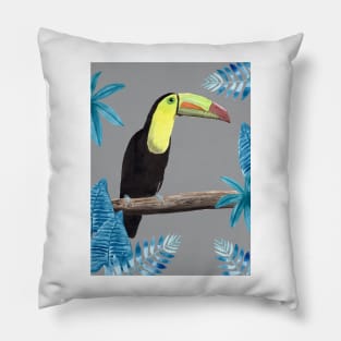 Toucan with tropical leaves and an ultimate gray background Pillow