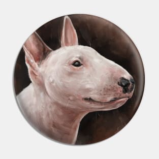 A Painting of a Bull Terrier Smiling on Hot Dark Orange Background Pin