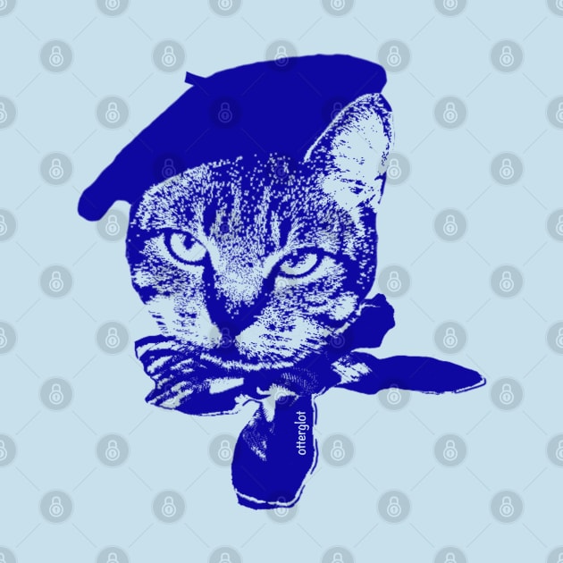 Ooo la la Cat with Beret, Blue on Blue by otterglot