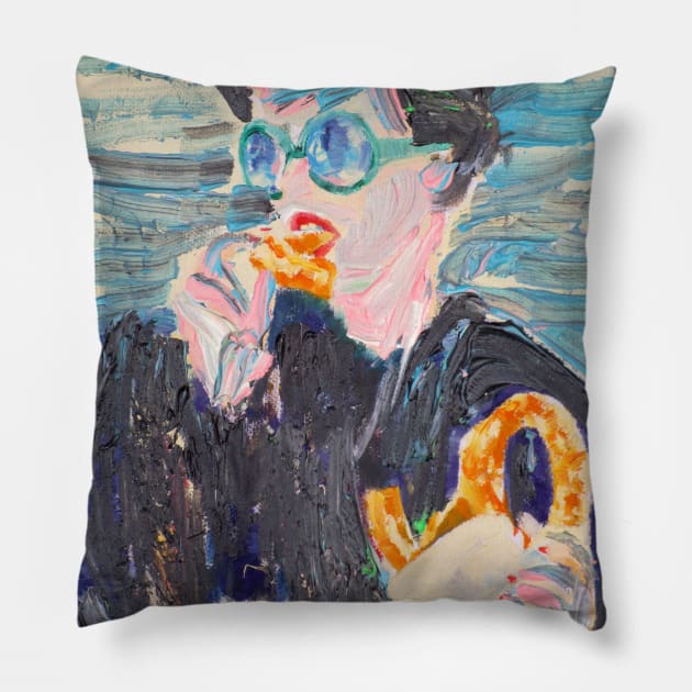 GIRL EATING PRETZEL Pillow by lautir