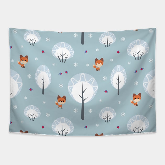 Winter Pattern with Foxes and Birds Tapestry by labatchino