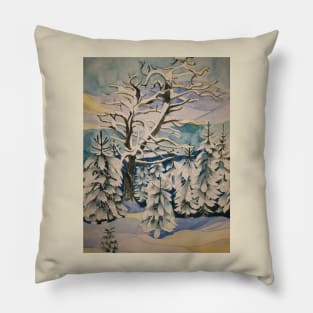 A winter snowscene with trees and mountains in watercolour. Pillow