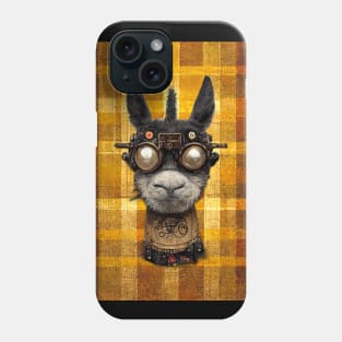Steampunk Llama with cool goggles and a metal collar on a plaid background. Phone Case
