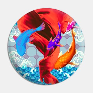 Purple Blue and Orange Koi Fish with a Deep Red Swirl Ocean- Happy Hong Kong Pin