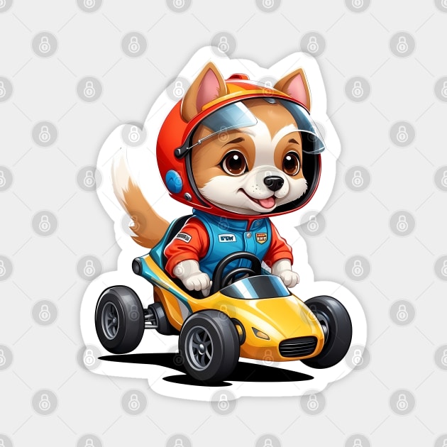 Cartoon Dog Driving a Race Car Magnet by Leon Star Shop