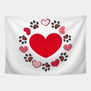 Retro red hearts and doodle paw prints Tapestry