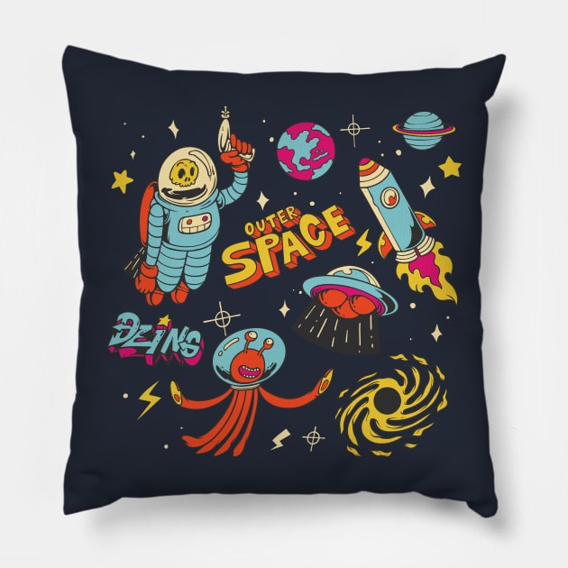 Outer space hand drawn Pillow by Mako Design 