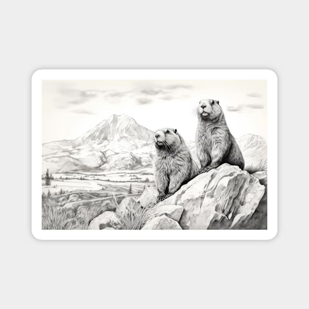 Marmot Animal Discovery Wild Nature Ink Sketch Style Magnet by Cubebox