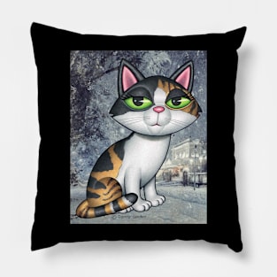 Cute Calico Kitty on grayish winter evening scene Pillow