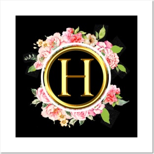 Initial H Letter Cat Rose Flowers Watercolor Monogram - H T-Shirt