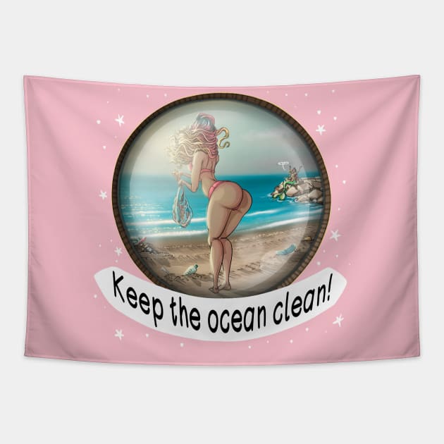 Keep the ocean clean! Tapestry by Mei.illustration