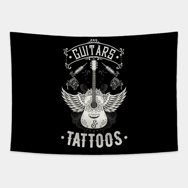 Guitars And Tattoos Vintage Guitarist Tattooed Tapestry by Foxxy Merch