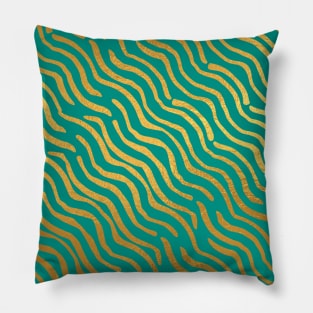 Teal Blue Gold colored abstract lines pattern Pillow