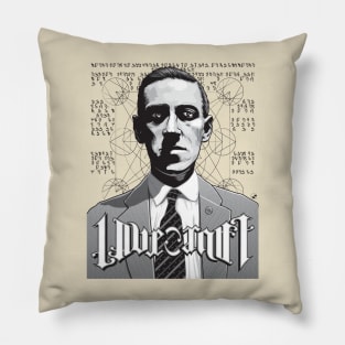 HP Lovecraft Ambigram Portrait - Black Text Pillow