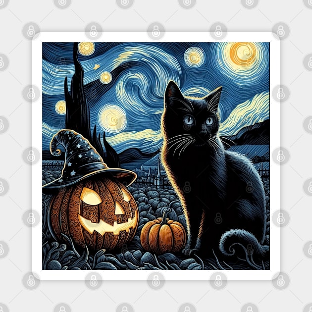 Halloween Cat Van Gogh Starry Night Magnet by JessArty