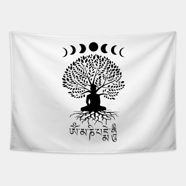 Moon Phases Buddha Om Mani Padme Hum Tree of Life Tapestry by TammyWinandArt