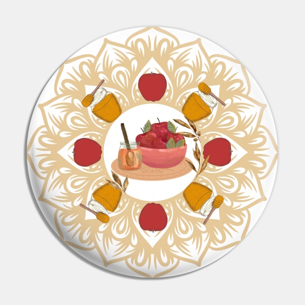 Rosh Hashana, Shana Tova! Pomegranate Mandala, apples and honey for Jewish New Year Pin by ariverde