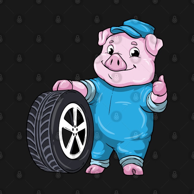 Pig as Car mechanic with Tires by Markus Schnabel