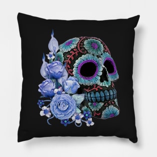 Blue Floral Black Sugar Skull Day Of The Dead Pillow