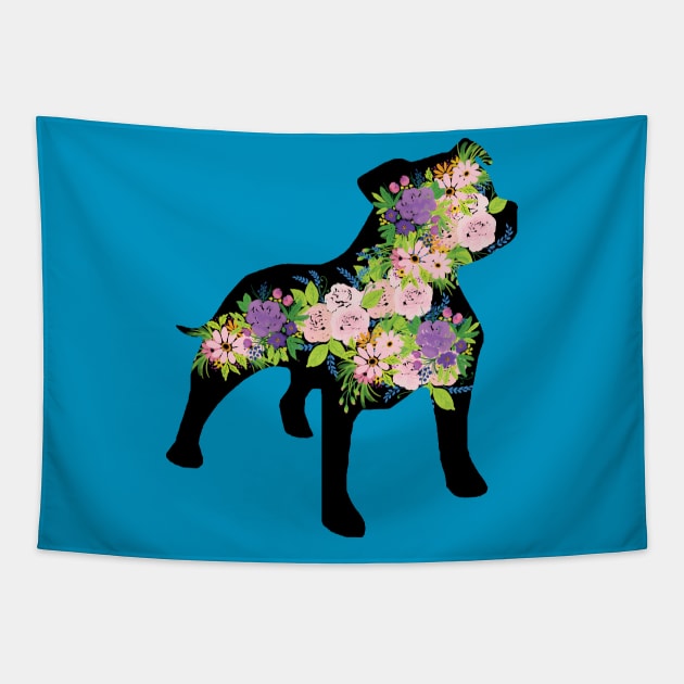 Floral Staffordshire Bull Terrier Silhouette Tapestry by tribbledesign