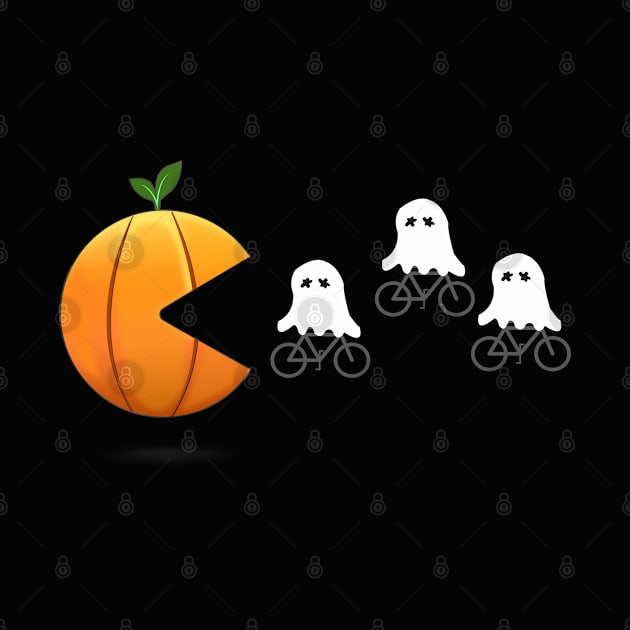 Funny Pumpkin Chasing Cute Ghost, Pumpkin Chasing Cyclist Boo, Pumpkin Eating Boo Ghost by BicycleStuff