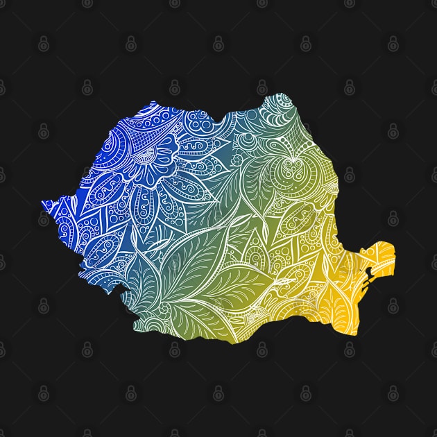 Colorful mandala art map of Romania with text in blue and yellow by Happy Citizen