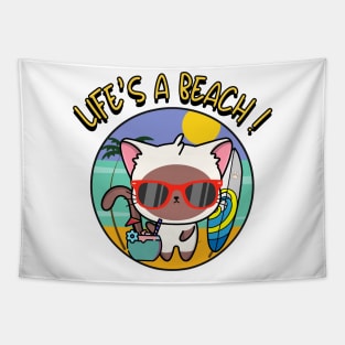 Life's a beach White Cat Tapestry