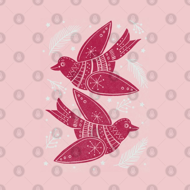 Pink Christmas Turtle Doves with holly and foliage Linoprint repeat pattern by NattyDesigns