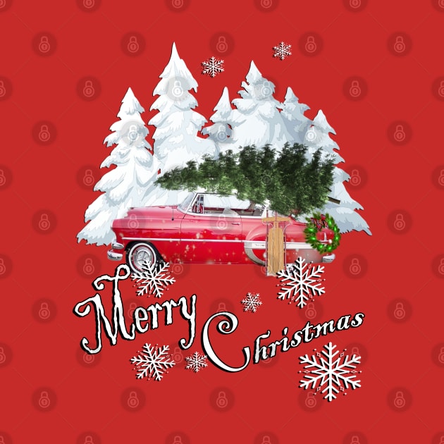 Traditional Old Fashioned Farmhouse Christmas Design: Vintage Car Hauling Tree in Snow Merry Christmas by tamdevo1