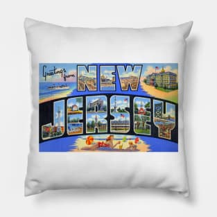 Greetings from New Jersey - Vintage Large Letter Postcard Pillow