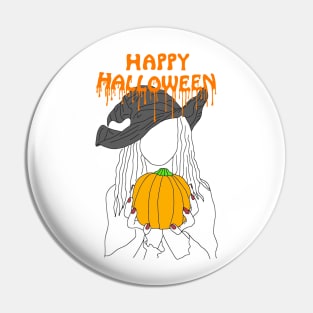Happy Halloween witch and pumpkin - orange Pin