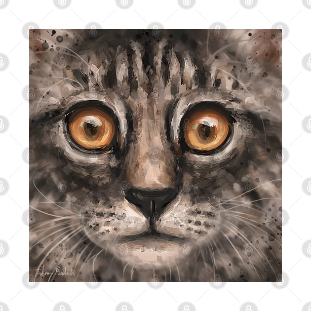 Close Up Painting of a Gray Kitten Face with It's Big Orange Eyes by ibadishi