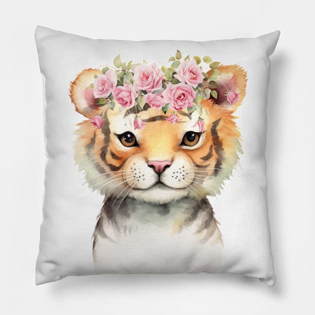 Baby Tiger With Pink Floral Crown Pillow by Alienated