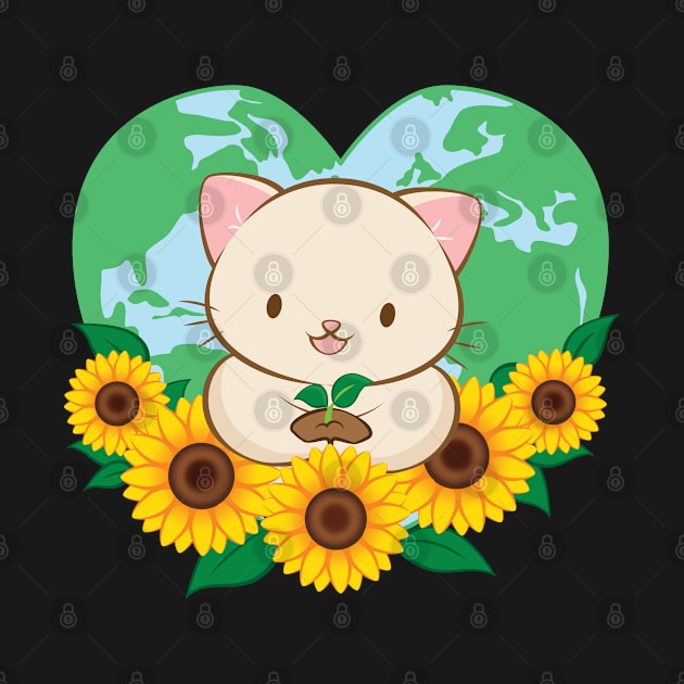 Love Our Planet Cute White Cat and Sunflowers Kawaii Earth Day by Irene Koh Studio